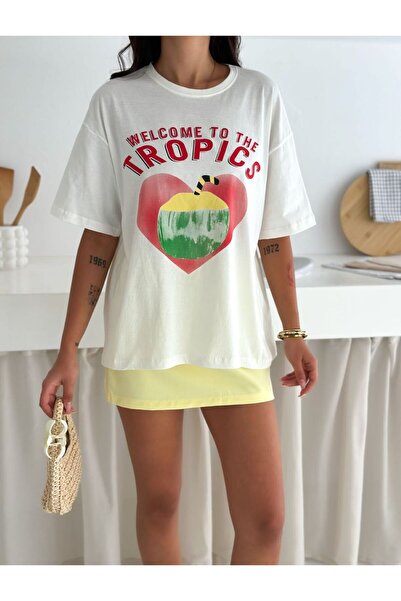 enmodaiçgiyim Γυναικείο μπλουζάκι με στάμπα από 100% βαμβάκι – πολύχρωμα καλοκαιρινά μοτίβα