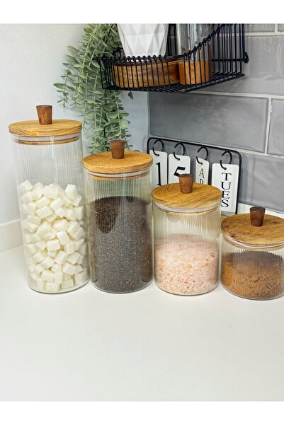 dunyazuccaciye مجموعة من 4 برطمانات زجاجية بغطاء أكاسيا