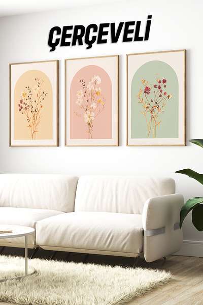 kutuTR 🌸 Pastel Tonlarda Çiçek Desenli 3’lü Çerçeveli Dekoratif Tablo Seti �...