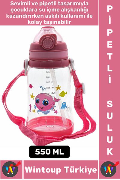 Wintoup Durable Tritan Home Office Kids School Sports Bpa Free with Strap Fun Colorful Straw Water Bottle 550ml