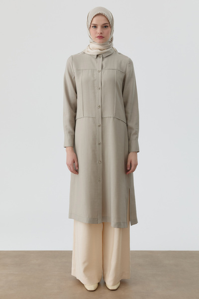 Tuğba Nervür Kesikli Uzun Tunik - Taş