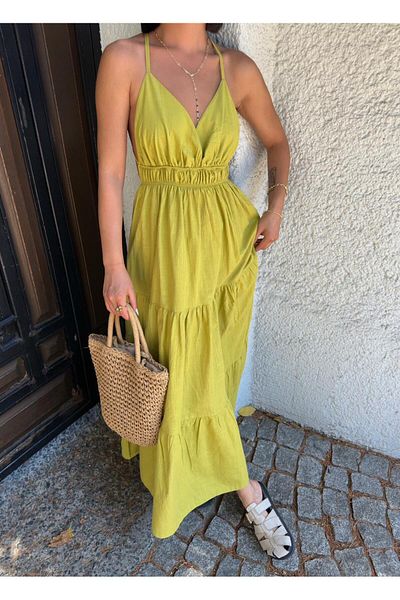 aytenli V-Neck Rope Strap Back Cross Elastic Detail Waist Fold Maxi Length Linen Dress