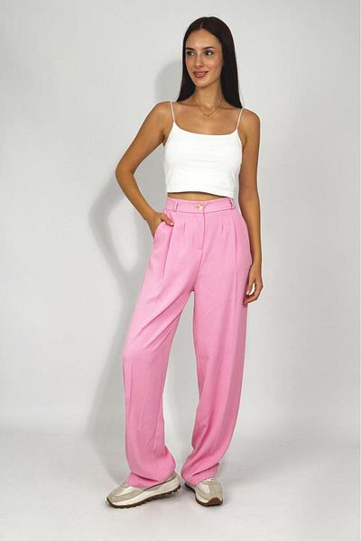 Betimoda Women's Buttoned Pocket Wide Leg Pleated Palazzo Trousers Pink