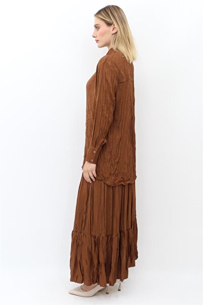 Yaqa Krinkıl Kumaş Cindrella Gömlek - Kahve