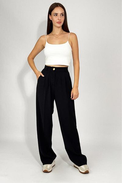 Betimoda Women's Buttoned Pocket Wide Leg Pleated Palazzo Trousers