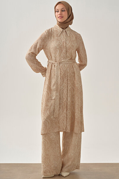 Tuğba Şal Desenli Kuşaklı Tunik - Bej