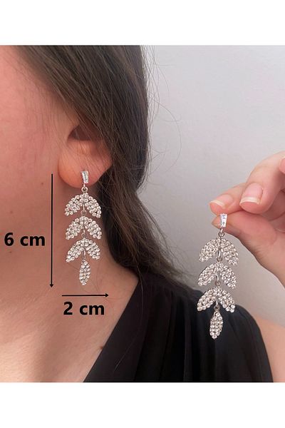 ER TAKI Stoned Silver Color Long Dangle Stylish Leaf Party Engagement Henna Wedding Wedding Evening Dress Earrings