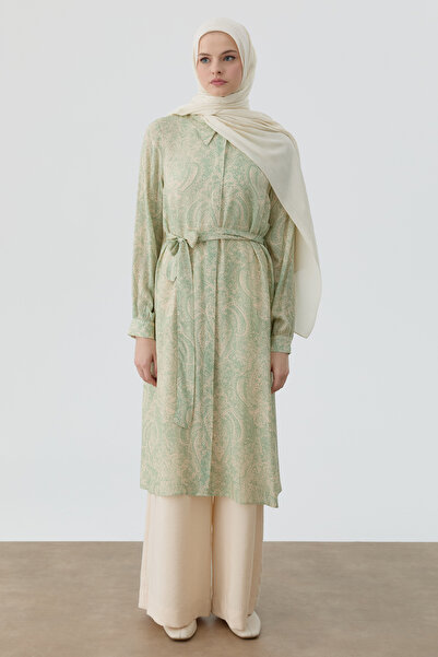 Tuğba Şal Desenli Kuşaklı Tunik - Mint