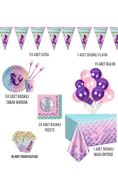 Evabrite Mermaid Birthday Party Set - Girl's Birthday Ornaments for 24 People