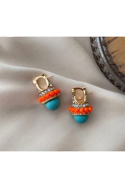 AychaAksesuar Brand Model Design Earrings with Blue Turquoise Stone Orange