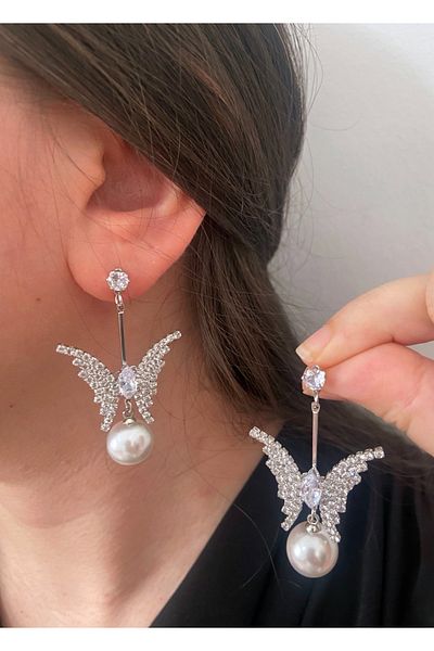 ER TAKI Stoned Silver Color Pearl Dangle Stylish Butterfly Party Engagement Henna Wedding Wedding Evening Dress Earrings