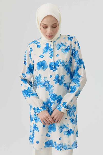 Tuğba Çiçek Desenli Yırtmaçlı Tunik - Mavi