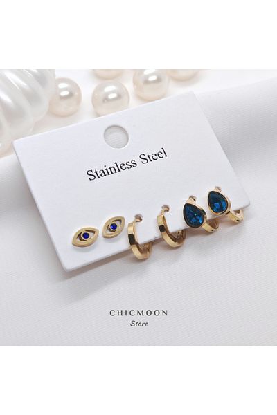 CHICMOON STORE Steel Gold Color Blue Stone Multiple Earrings