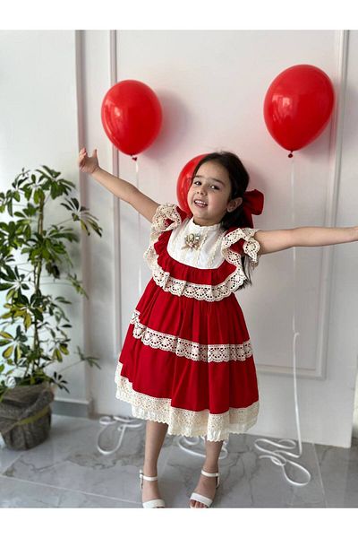 Sare Çocuk Giyim Girl's Red Cotton Organic Lace Sleeve Vintage Birthday Party Dress
