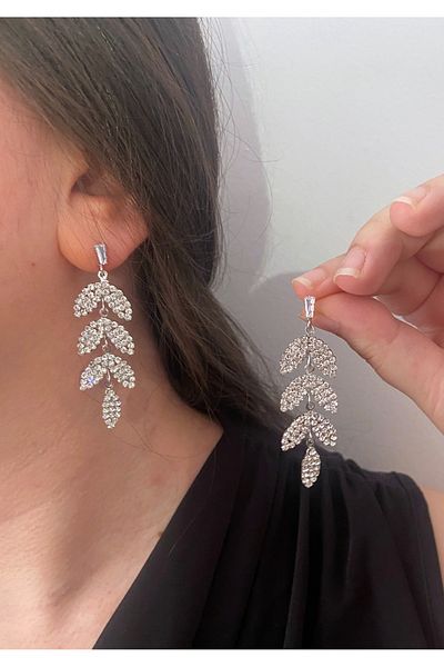 ER TAKI Stoned Silver Color Long Dangle Stylish Leaf Party Engagement Henna Wedding Wedding Evening Dress Earrings