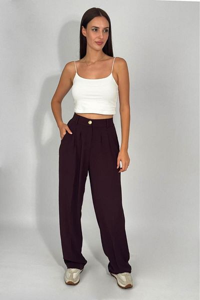 Betimoda Women's Buttoned Pocket Wide Leg Pleated Palazzo Trousers Burgundy