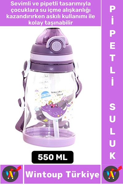 Wintoup Durable Tritan Home Office Kids School Sports Bpa Free with Strap Fun Colorful Straw Water Bottle 550ml