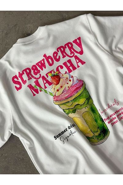 Elvino Strawberry Matcha Printed Crew Neck Cotton White Women'S/Men's Unisex Oversize Tshirt