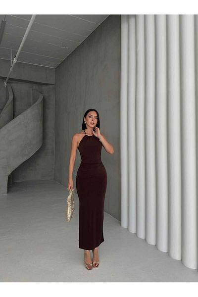 aytenli U-Neck Halter Neck Gold Accessory Detail Side Gathered Side Slit Lined Long Dress