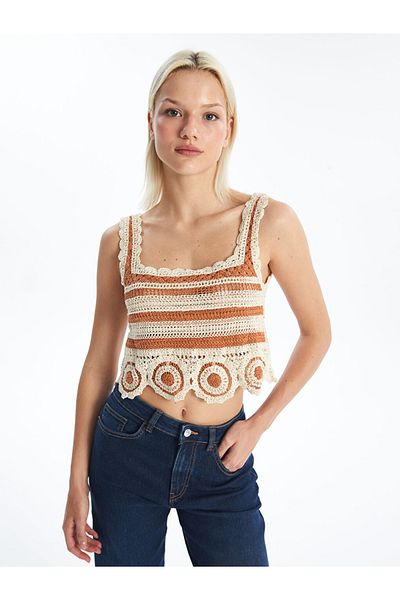 LC Waikiki Ecru Square Collar Self Patterned Women's Crop