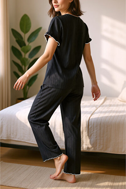 BELLA NOTTE Yazlık Fiyonk Detaylı Siyah Pijama Takımı