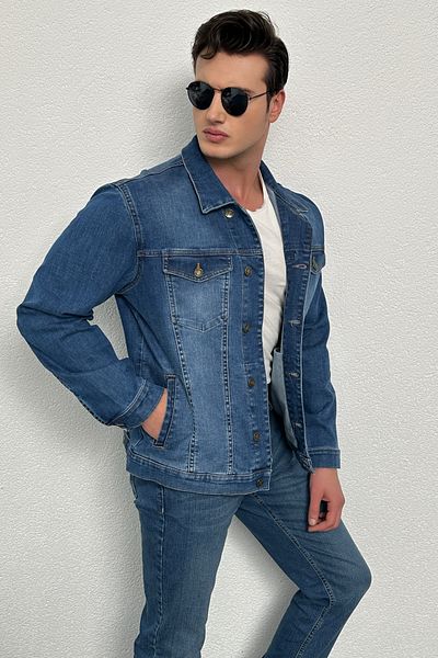 HLT JEANS Ανδρικό μπλε τζιν τζιν κανονική εφαρμογή, ευέλικτο τζιν μπουφάν με κουμπιά από Lycra Hlthe042101