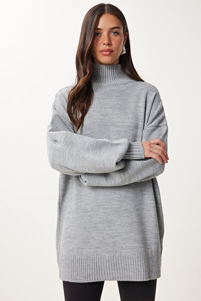 Happiness İstanbul Grauer Oversize-Strickpullover mit Stehkragen für Damen, Basic, YY00167