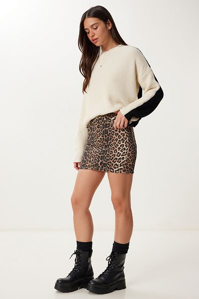 Happiness İstanbul Fusta mini din Gabardină cu model leopard negru bej GP00024
