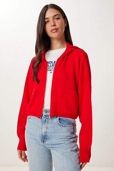 Happiness İstanbul Women's Red Hooded Zippered Crop Knitwear Cardigan Ki̇00146