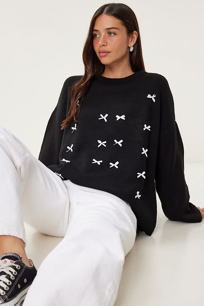 Happiness İstanbul Women's Black Bow Detailed Oversize Knitwear Sweater Kb00042