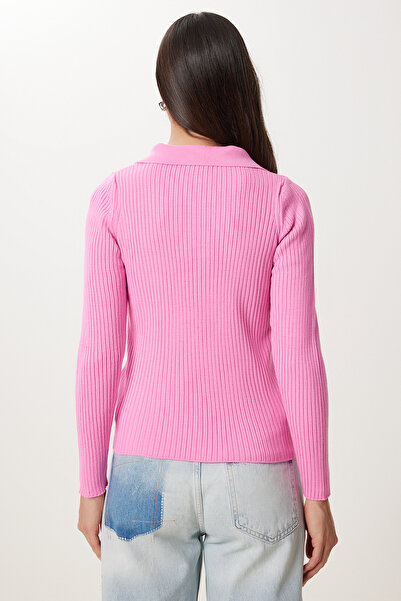 Happiness İstanbul Kadın Pembe Polo Yaka Fitilli Triko Kazak VA00028