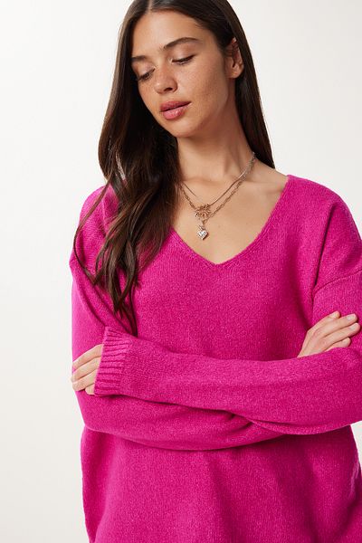 Happiness İstanbul Women's Dark Pink V-Neck Knitwear Sweater Za00063