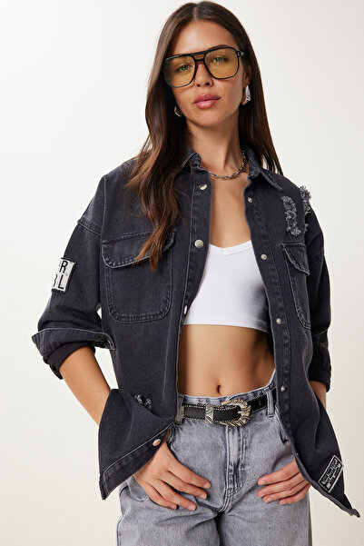 Happiness İstanbul Dámská antracitová džínová bunda s detailním vyšívaným vzorem MW00152