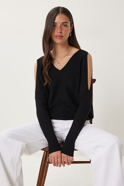 Happiness İstanbul Hanorac oversize tricot cu umăr negru pentru femei AS00016