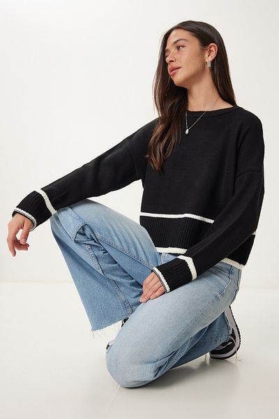 Happiness İstanbul Pulover de damă din tricot cu dungi negre PF00041