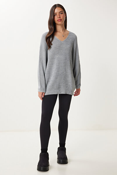 Happiness İstanbul Grauer Thessaloniki-Strickpullover mit V-Ausschnitt und Oversize-Strick für Damen ZA00059