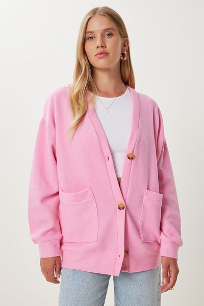 Happiness İstanbul Women's Pink Pocketed Long Knitwear Cardigan Ub00421