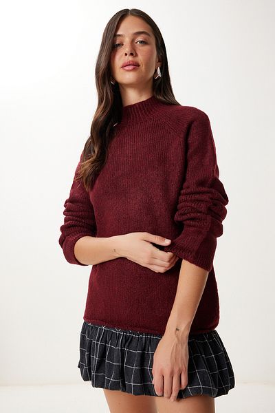 Happiness İstanbul Women's Burgundy Basic Oversize Knitwear Sweater Mx00237
