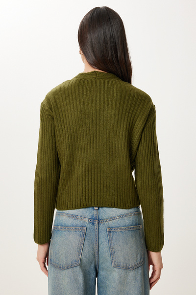 Happiness İstanbul Women's Khaki Cross Detailed Ribbed Knitwear Sweater Dp00269