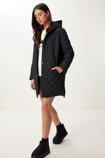 Happiness İstanbul Women's Black Hooded Quilted Long Coat Qa00003