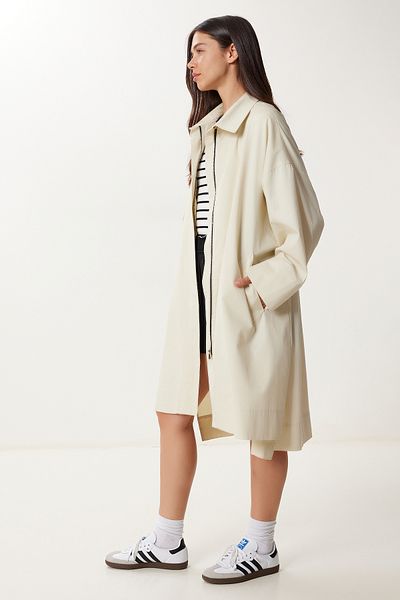 Happiness İstanbul Women's Cream Zippered Oversize Woven Trench Coat Fg00052