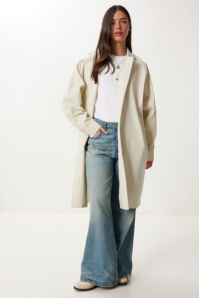 Happiness İstanbul Women's Cream Oversize Woven Trench Coat Fg00054