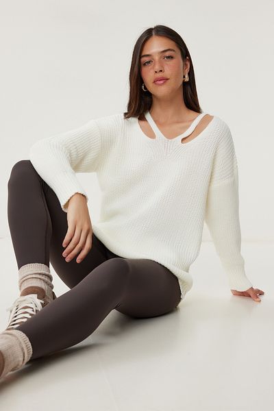 Happiness İstanbul Women's Ecru Cut Out Detailed Oversize Long Knitwear KI00060