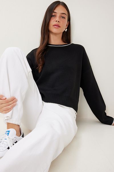 Happiness İstanbul Pulover tricot de bază negru pentru femei PF00010
