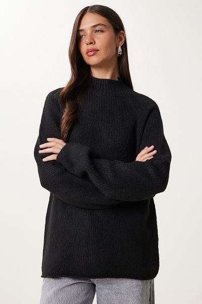 Happiness İstanbul Pulover de tricotaj oversize de bază negru pentru femei MX00237