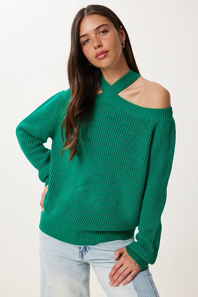 Happiness İstanbul Women's Dark Green Off-the-Shoulder Knitwear Sweater MX00118