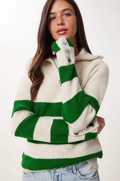 Happiness İstanbul Women's Bone Green Zippered Turtleneck Striped Knitwear Sweater LX00042