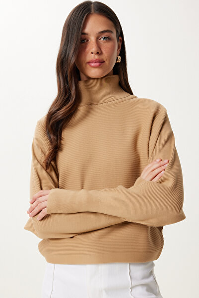 Happiness İstanbul Pulover de damă Biscuit Finger Snap Crop Tricoturi cu șnur MX00238