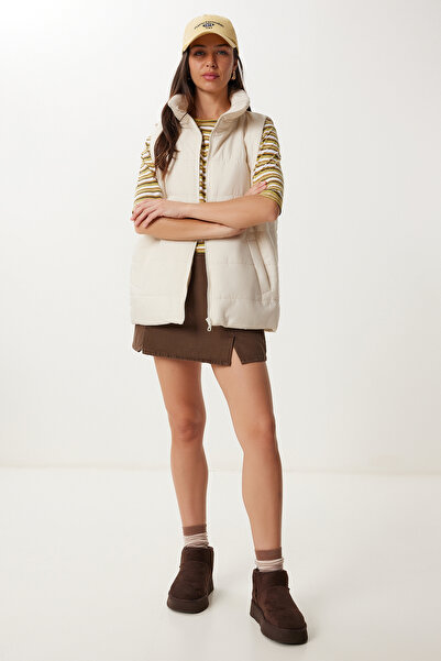 Happiness İstanbul Kadın Krem Fermuarlı Dik Yaka Şişme Yelek QA00006