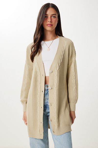 Happiness İstanbul Women's Dark Cream Balloon Sleeve Oversize Knitwear Cardigan Dd01033